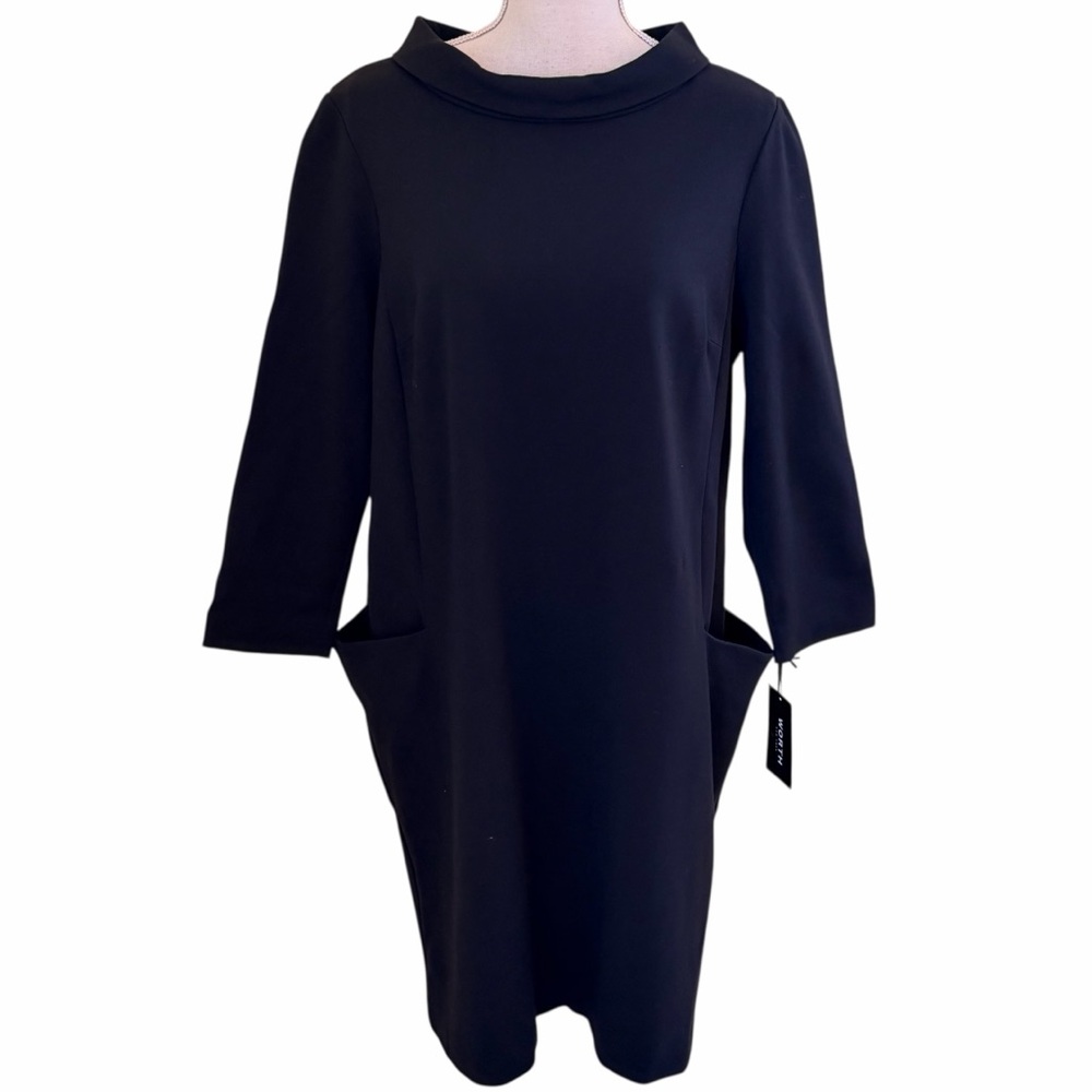 Worth Black Ponte Knit Rolled Neck Sheath Dress L